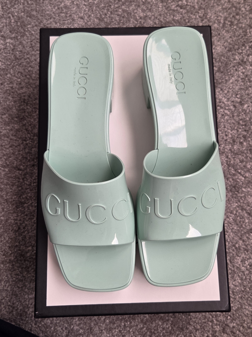 Gucci Mint Green Patent Slide Mules